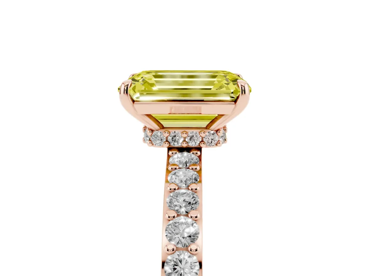 Fancy Yellow Emerald Cut Diamond Solitaire Engagement Ring with Pavé Band and Four-Prong Setting Rose gold