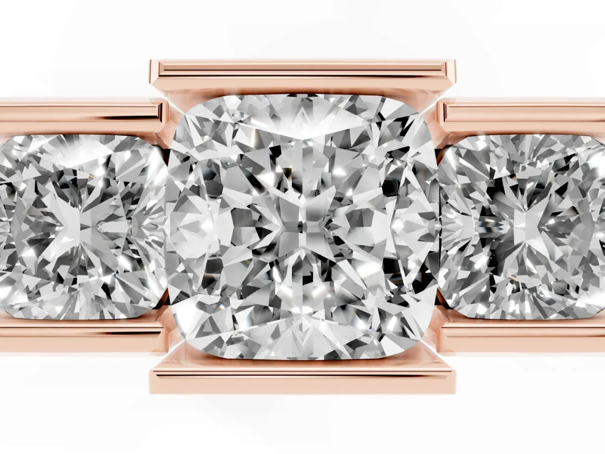 Three Stone Cushion Cut Cut Channel Set Diamond Ring Rose gold