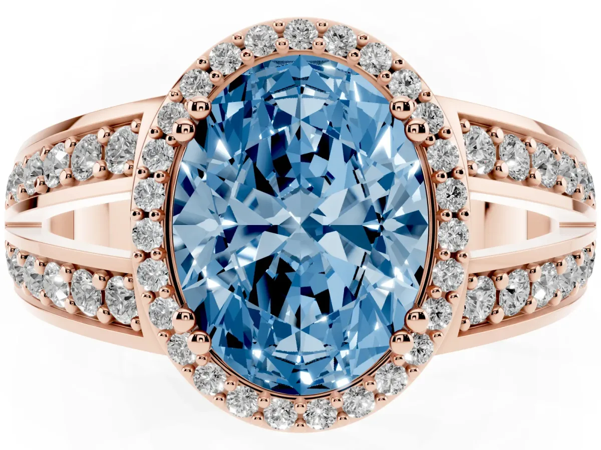 Fancy Blue Oval Cut Diamond Halo Ring with Split Shank Pavé Band and Four-Prong Setting Rose gold
