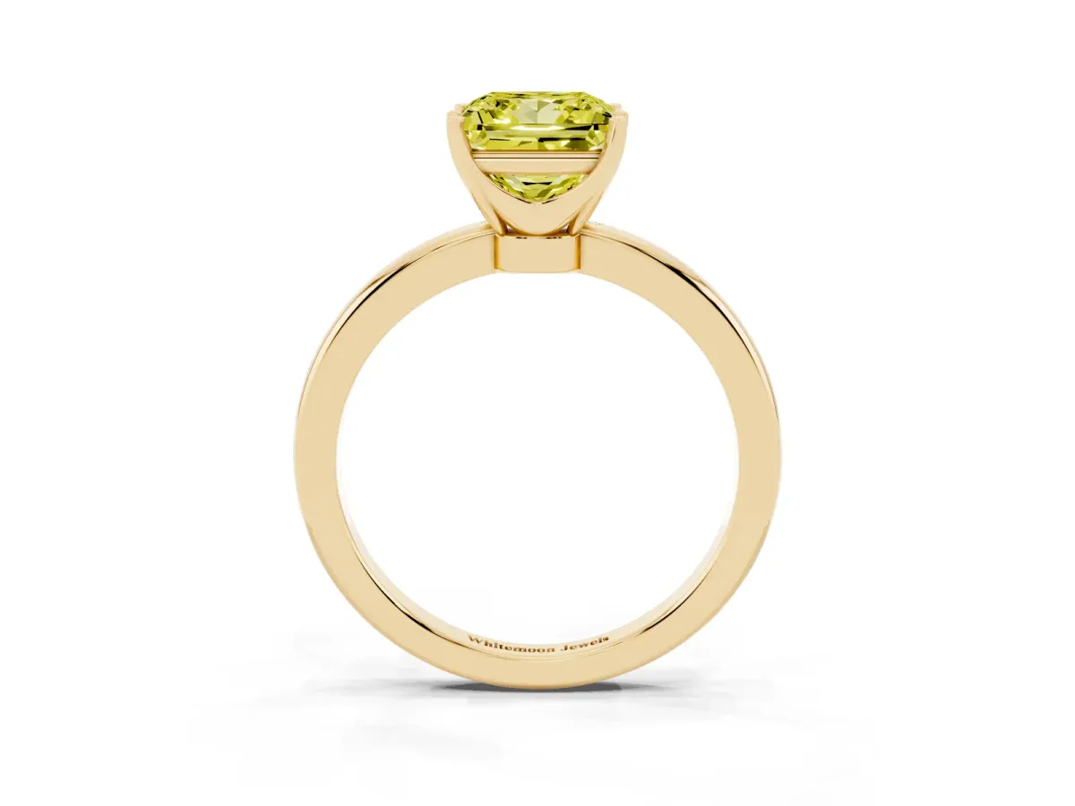 Fancy Yellow Princess Cut Solitaire Diamond Ring with Six-Prong Setting on a Classic Band Yellow gold