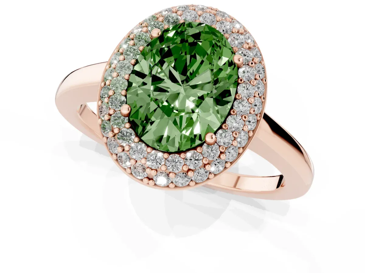 Fancy Green Oval Cut Halo Diamond Engagement Ring with Solitaire Band and Four-Prong Setting Rose gold