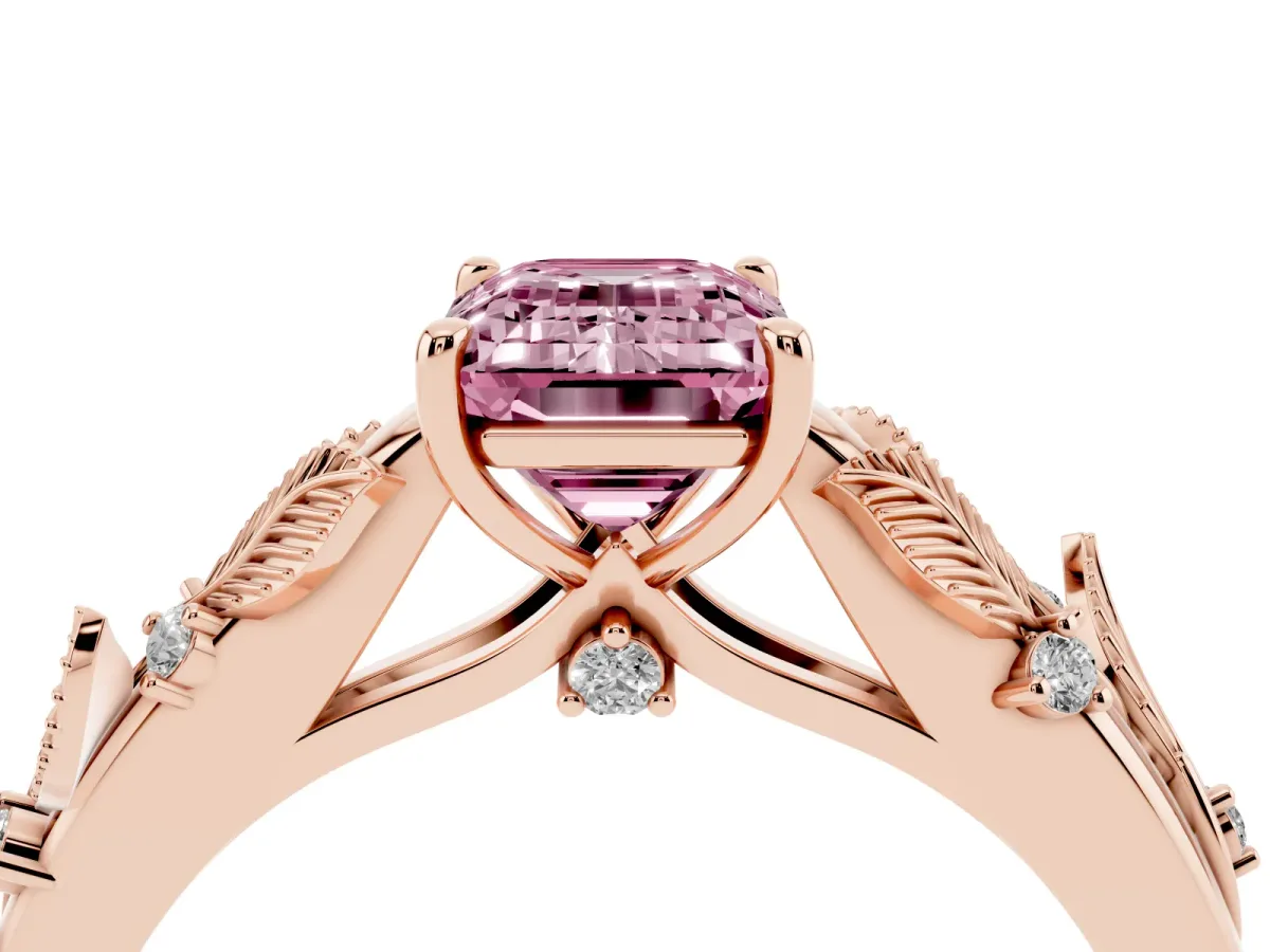 Fancy Pink Emerald Cut Diamond Solitaire Ring with Leaf Motif Band and Four-Prong Setting Rose gold