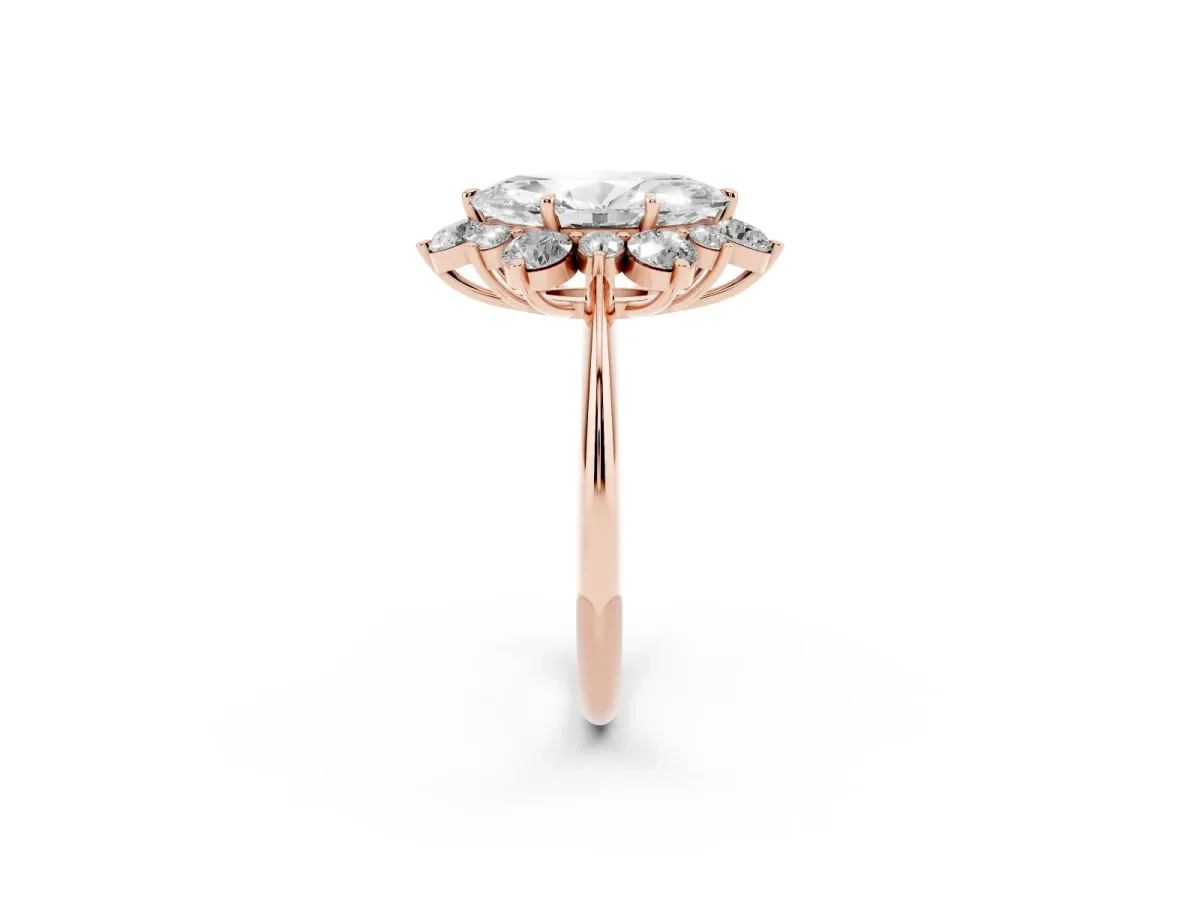 Marquise Cut Diamond Cluster Halo Ring with Solitaire Band and Four-Prong Setting Rose gold