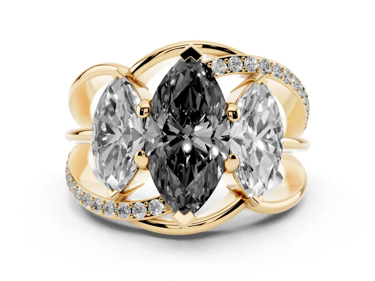 Fancy Black Three-Stone Marquise Cut Cut Diamond Split Shank Prong Set Ring Yellow gold