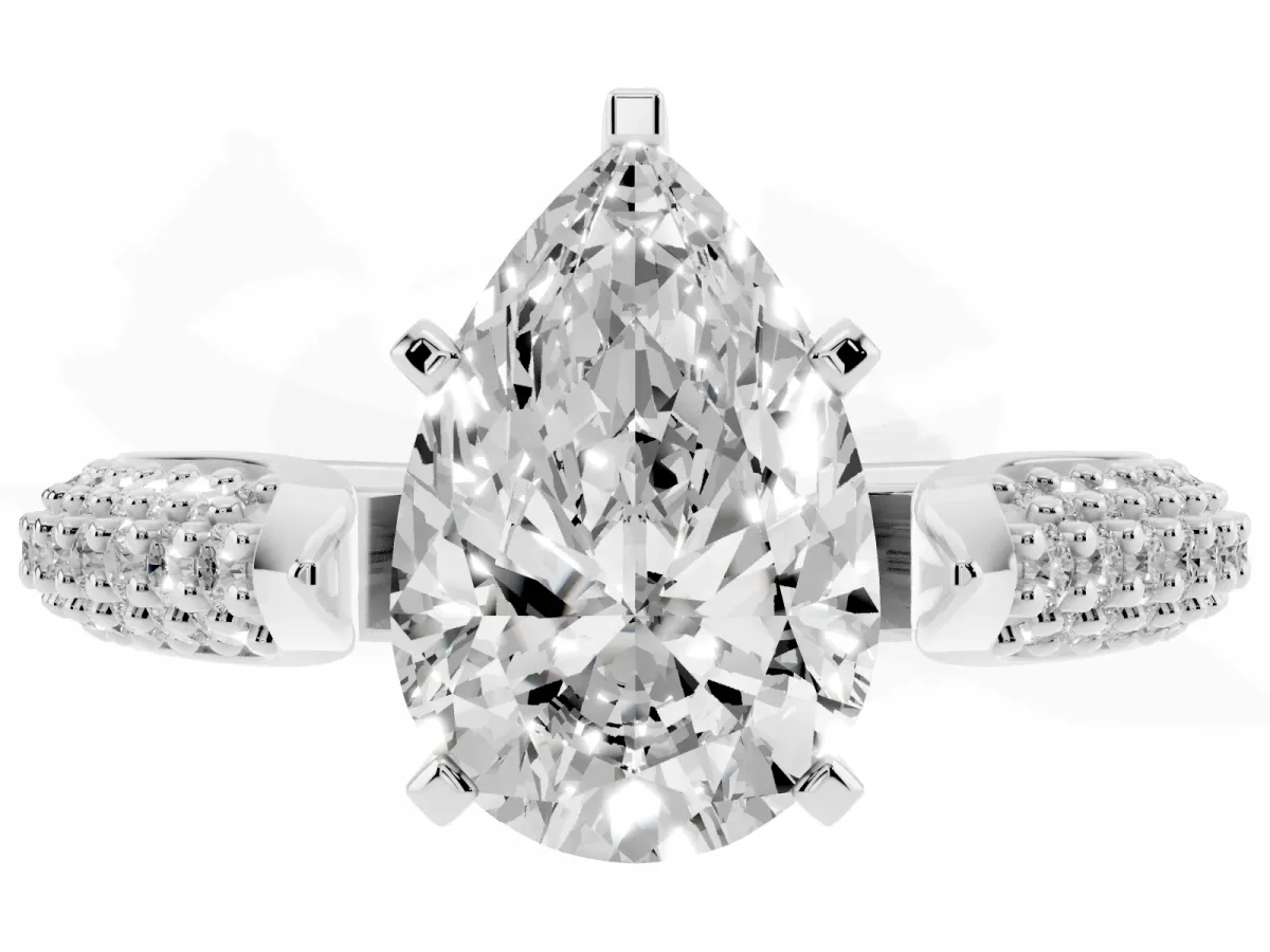 Pear Cut Diamond Solitaire Engagement Ring with Multi-Row Round Pavé Band and Prong Setting Platinum