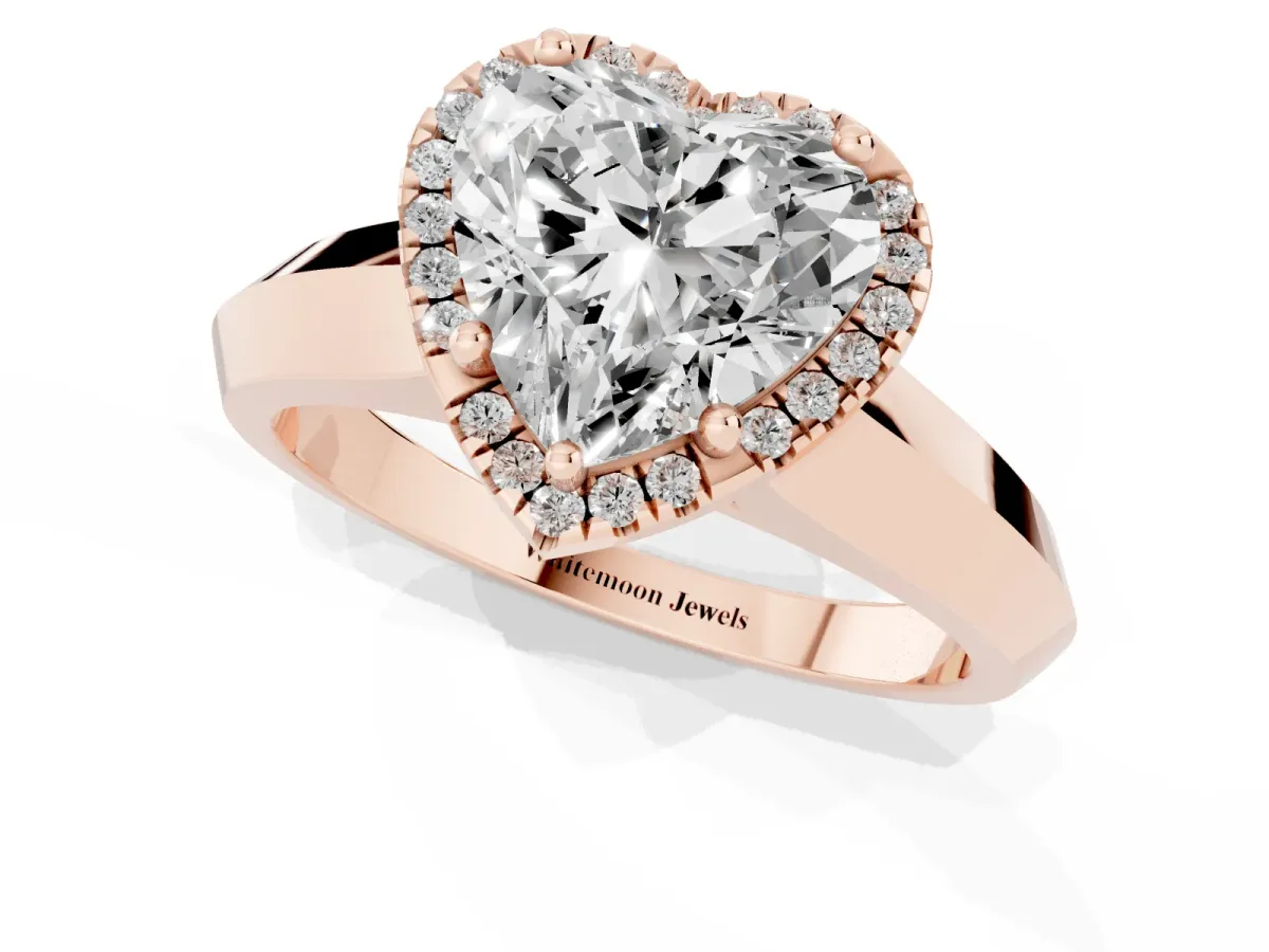 Heart Cut Halo Diamond Ring with Cathedral Band and Four-Prong Setting Rose gold