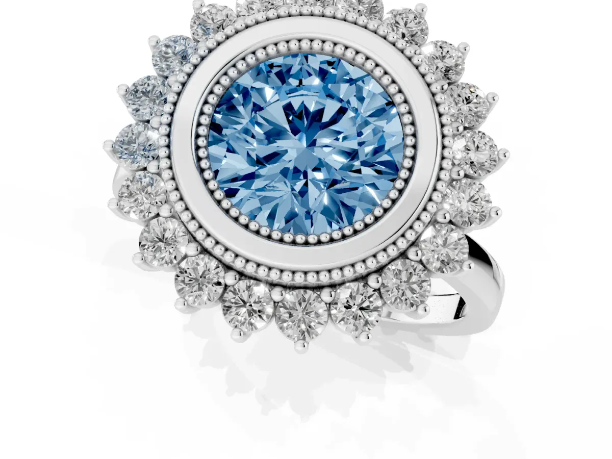 Fancy Blue Round Cut Halo Diamond Ring with Milgrain Edge and Round Prong Setting Silver