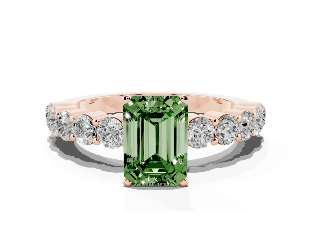 Fancy Green Emerald Cut Diamond Solitaire Ring with Shared Prong Round Side Stones Rose gold