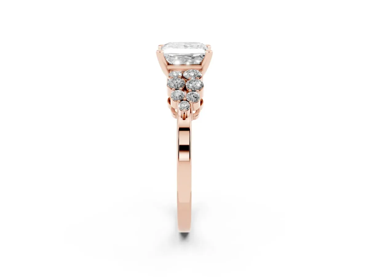 Princess Cut Cluster Diamond Engagement Ring with Pavé Band and Four-Prong Setting Rose gold