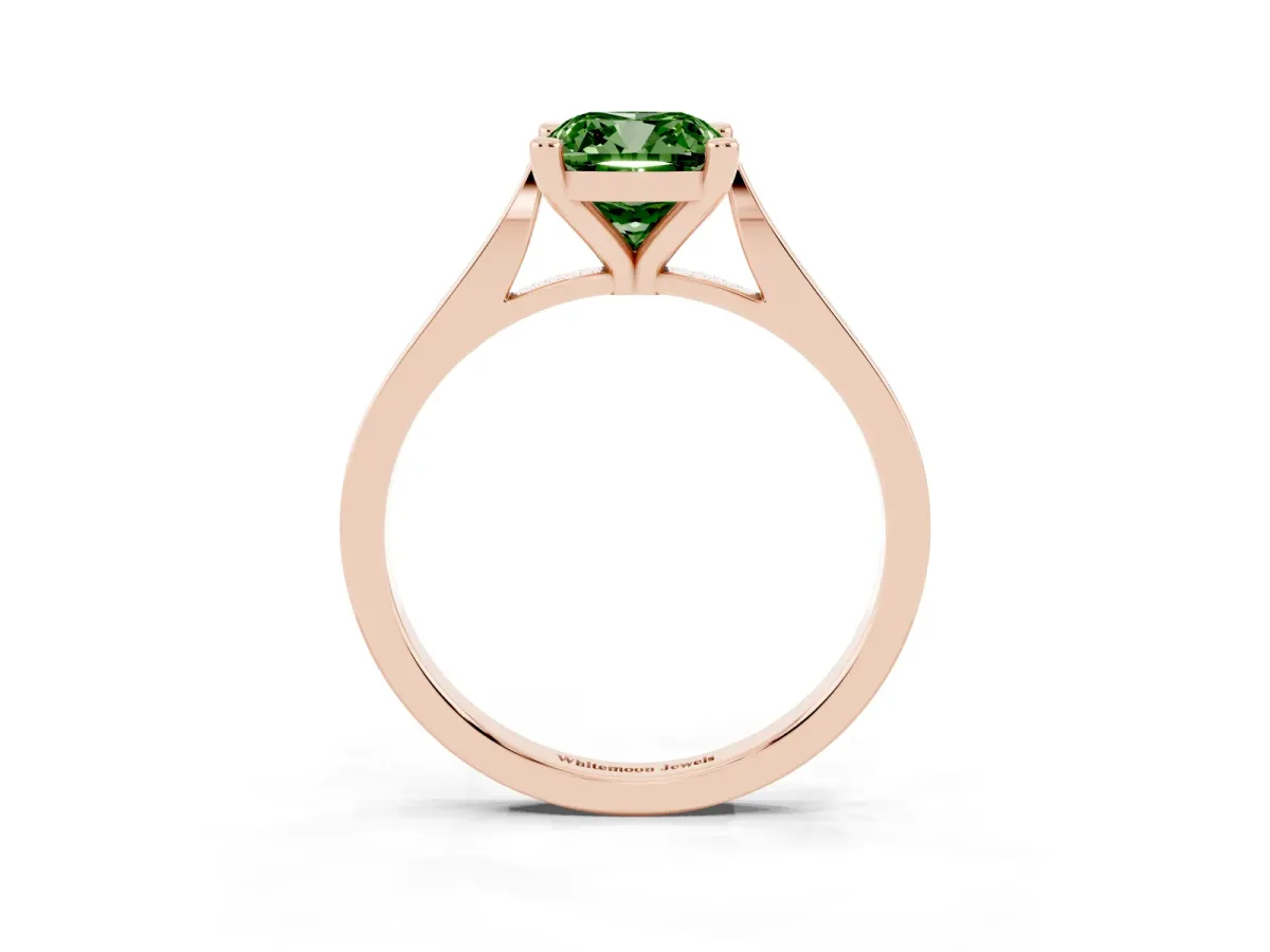 Fancy Green Cushion Cut Solitaire Diamond Ring with Four-Prong Setting and Tapered Band Rose gold
