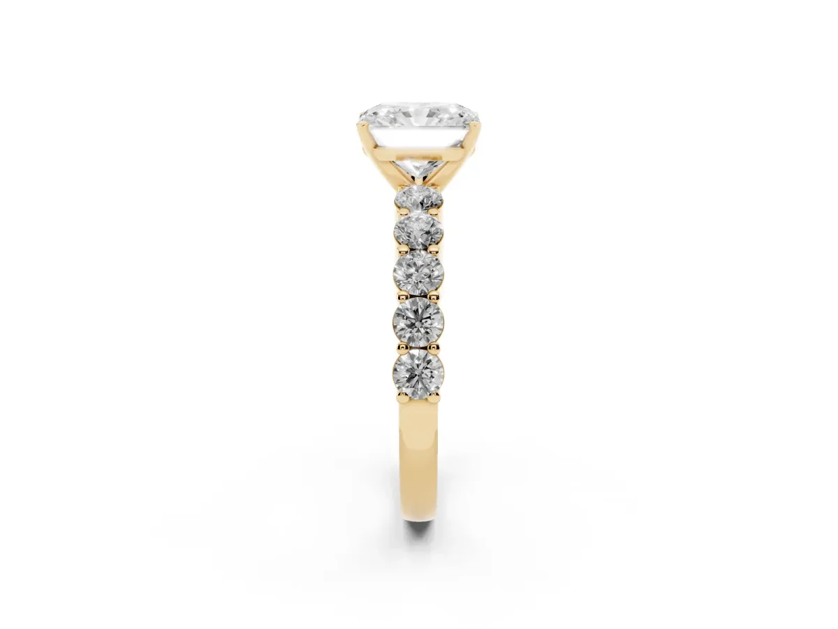 Radiant Cut Diamond Solitaire Ring with Shared Prong Round Side Stones Yellow gold