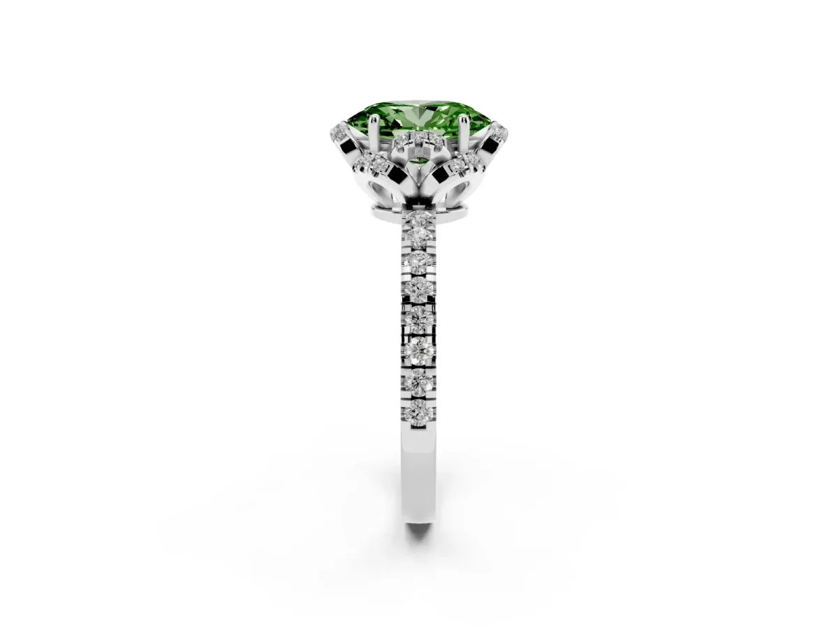 Fancy Green Oval Cut Diamond Halo Pave Band with Four-Prong Setting Platinum