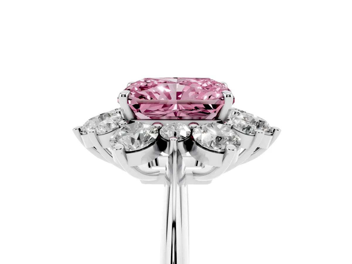 Fancy Pink Radiant Cut Diamond Cluster Halo Ring with Solitaire Band and Four-Prong Setting Silver