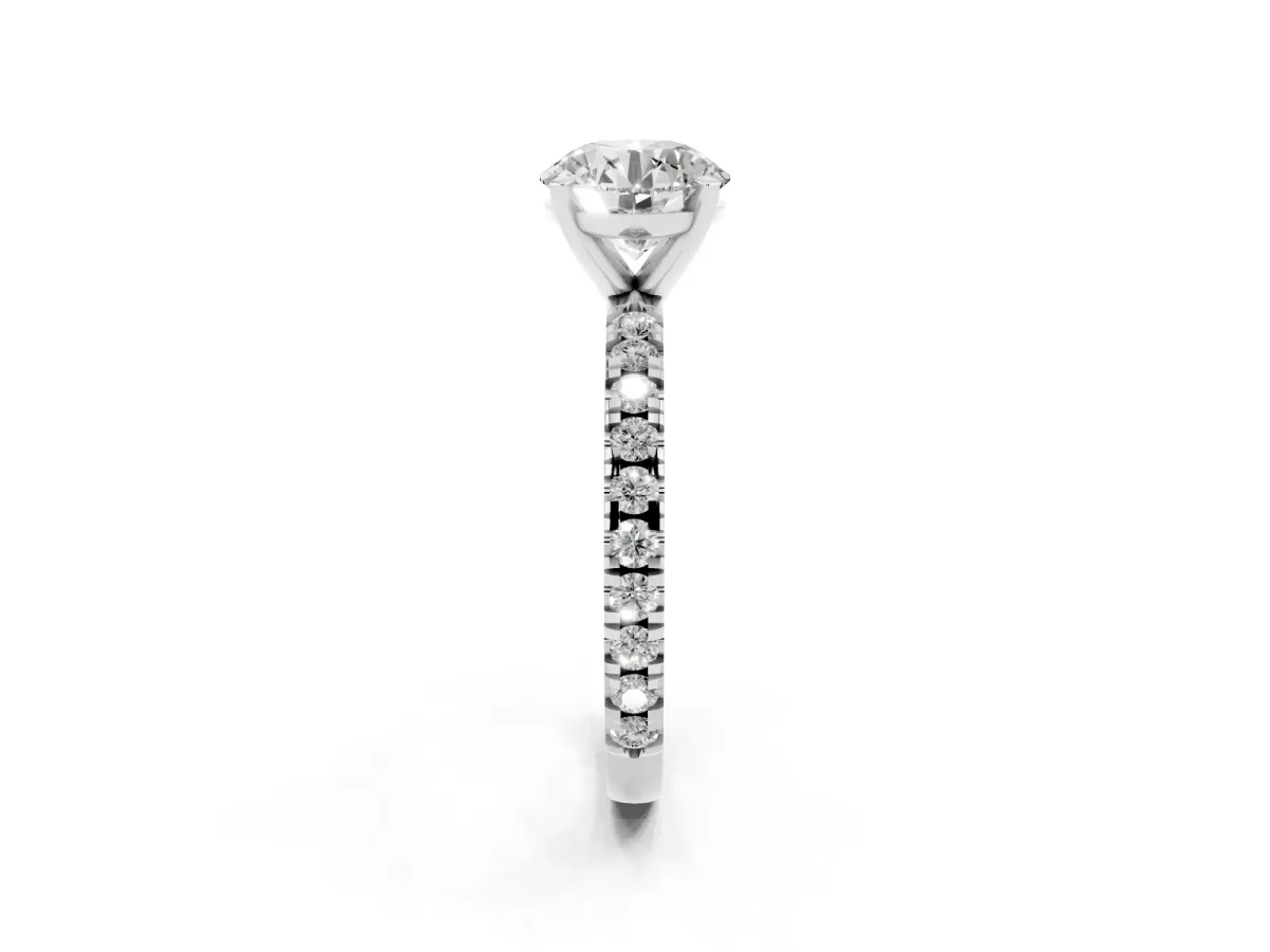 Round Cut Diamond Pavé Band Solitaire with Four-Prong Setting Silver