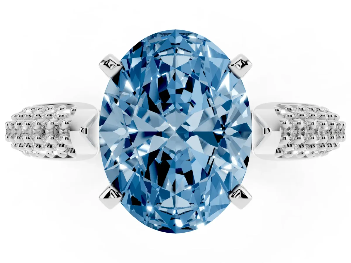 Fancy Blue Oval Cut Diamond Solitaire Engagement Ring with Multi-Row Round Pavé Band and Prong Setting Silver