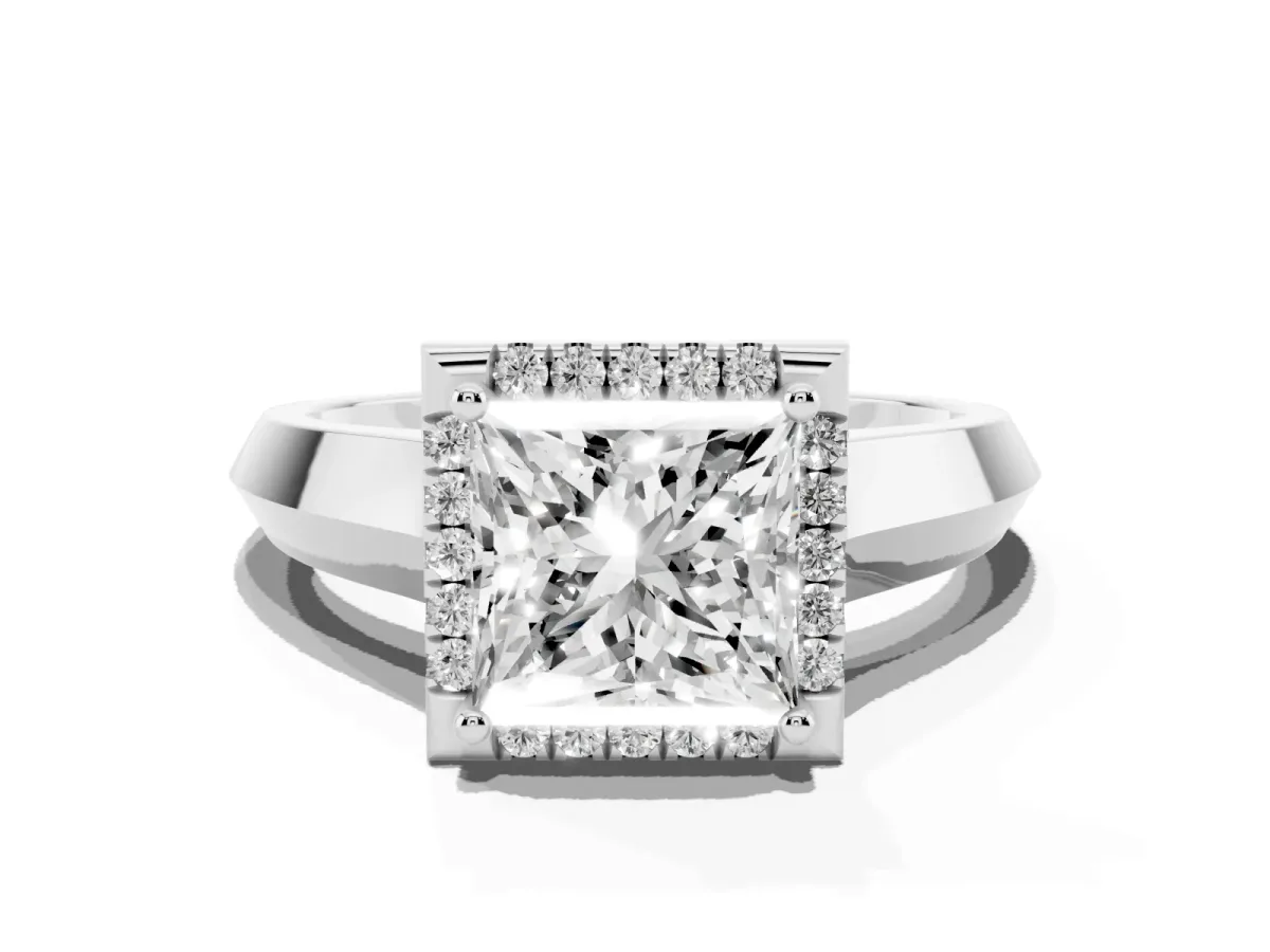 Princess Cut Halo Diamond Ring with Cathedral Band and Four-Prong Setting Silver