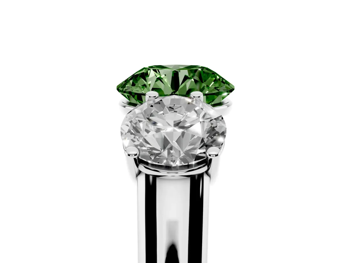 Fancy Green Round Cut Three-Stone Diamond Ring with Prong Setting on a Classic Band Silver