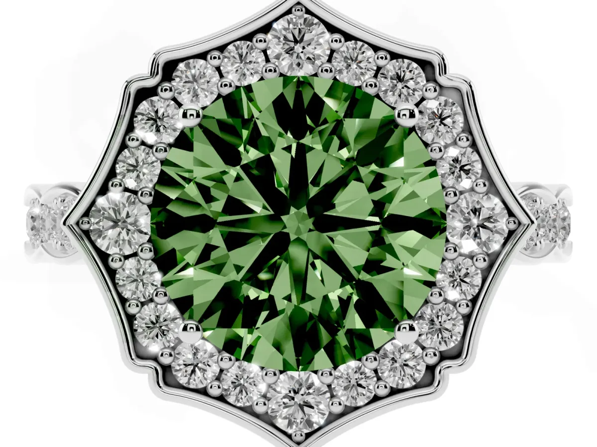 Fancy Green Round Cut Halo Diamond Engagement Ring with Milgrain Band and Four-Prong Setting Silver