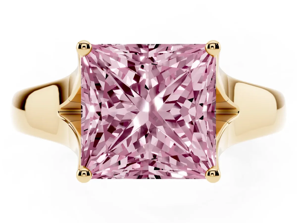 Fancy Pink Princess Cut Solitaire Diamond Ring with Cathedral Band and Four-Prong Setting Yellow gold