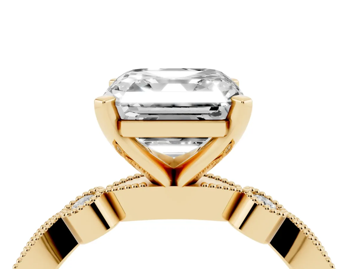 Asscher Cut Milgrain Bezel Diamond Engagement Ring with Solitaire Prong Setting Yellow gold