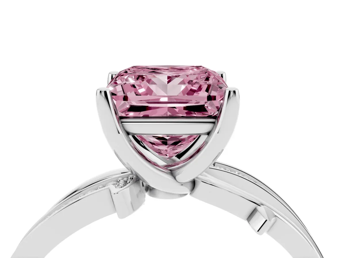 Fancy Pink Princess Cut Solitaire Twist Band with Pavé Accents and Four-Prong Setting White gold
