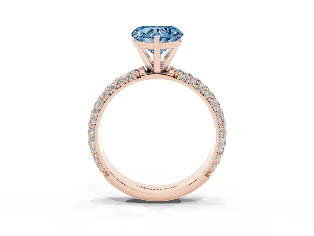 Fancy Blue Heart Cut Diamond Solitaire Ring with Prong Setting and Pavé Band Rose gold