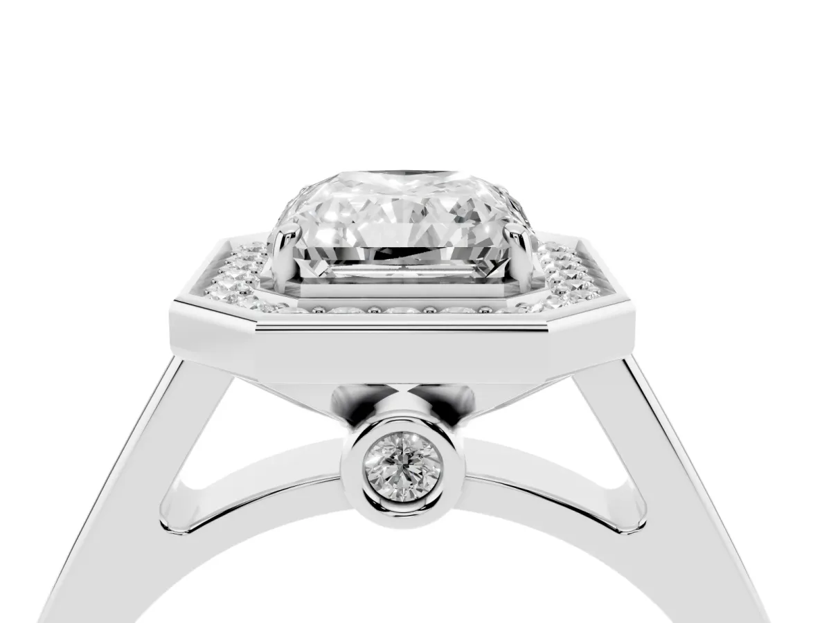 Radiant Cut Halo Solitaire Diamond Ring with Pave Band and Bezel Setting Silver
