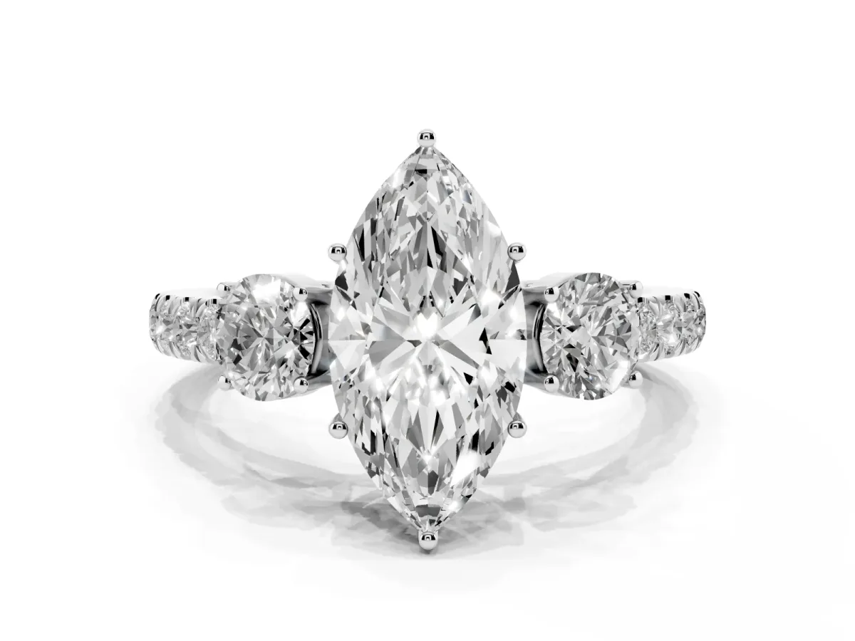 Marquise Cut Cut Diamond Three-Stone Ring with Round Side Stones and Pavé Band Silver