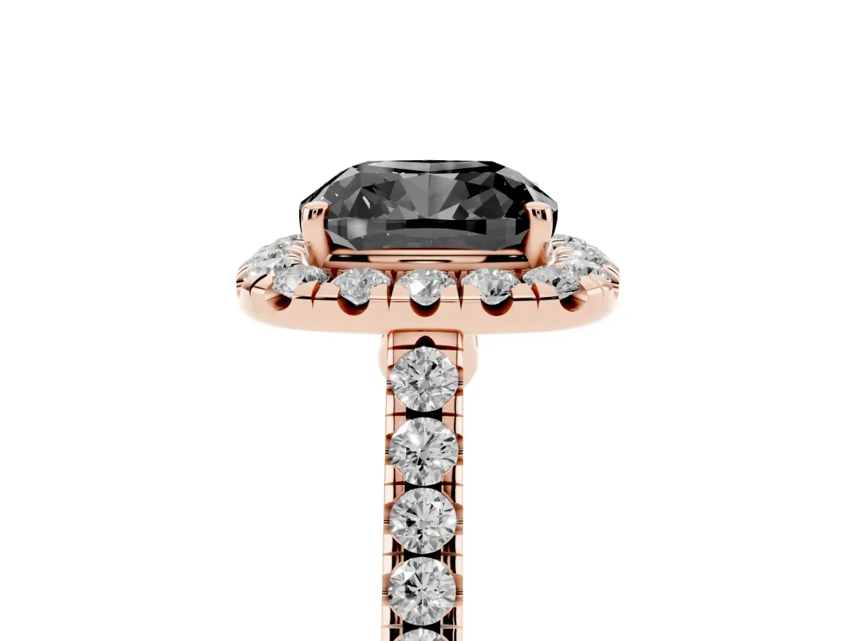 Fancy Black Cushion Cut Halo Pave Diamond Engagement Ring with Four-Prong Setting Rose gold