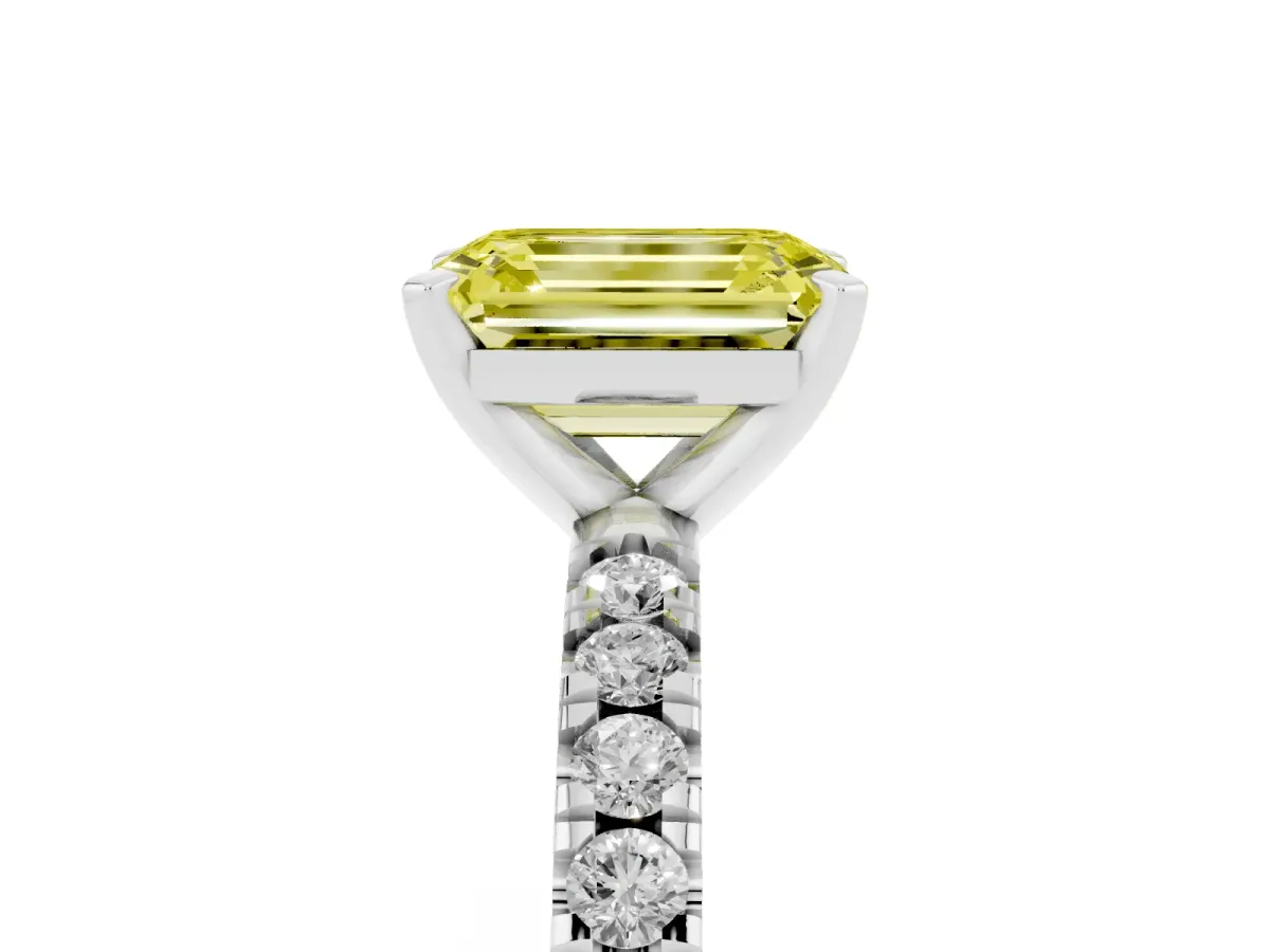 Fancy Yellow Emerald Cut Diamond Pavé Band Solitaire with Four-Prong Setting Silver