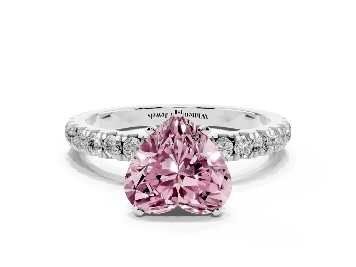 Fancy Pink Heart Cut Diamond Solitaire Ring with Pavé Accents and Four-Prong Setting Platinum