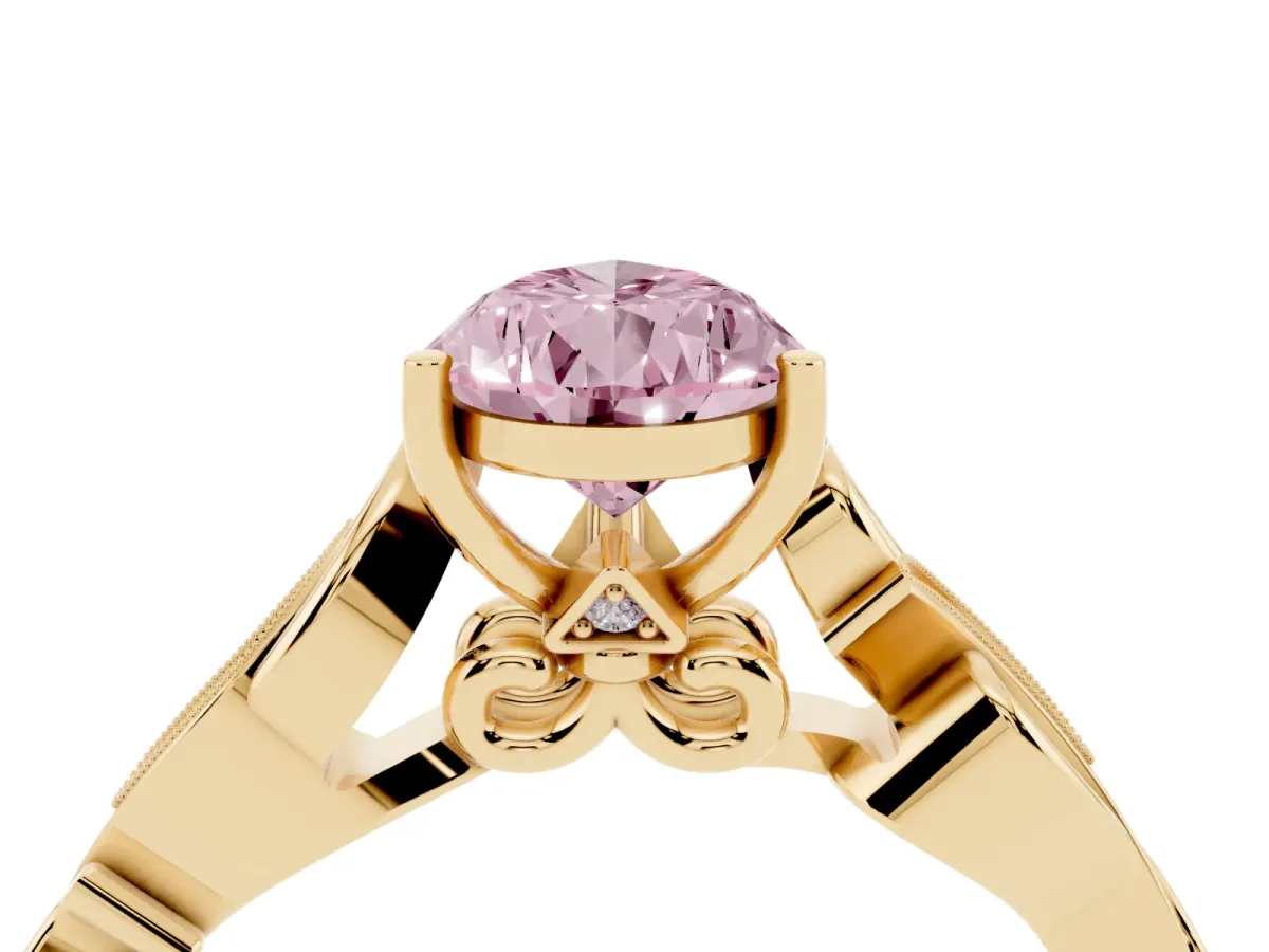 Fancy Pink Pear Cut Solitaire Vine Band with Milgrain Prong Setting Yellow gold