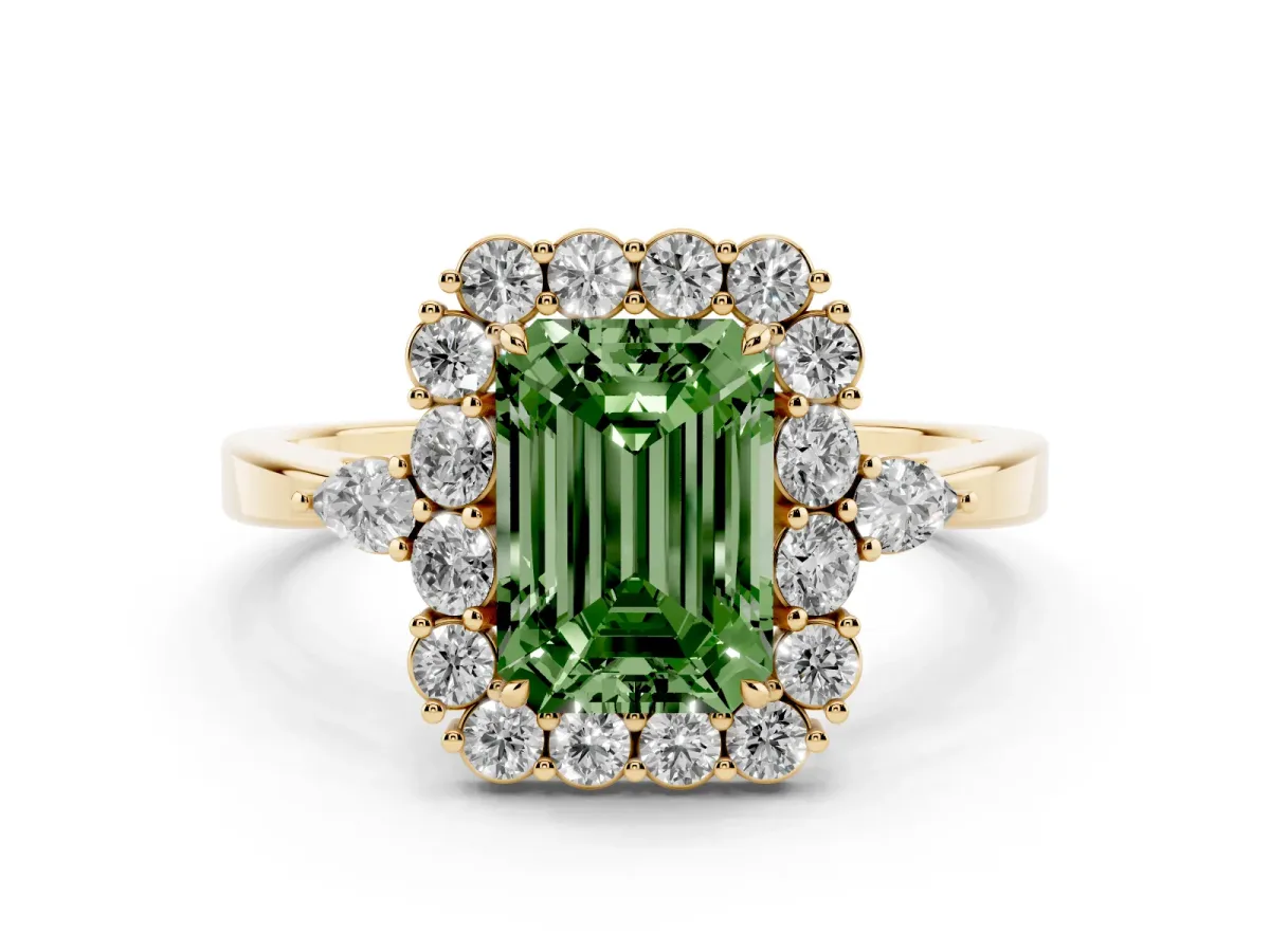 Fancy Green Emerald Cut Diamond Halo Ring with Pear Side Stones and Prong Setting Yellow gold