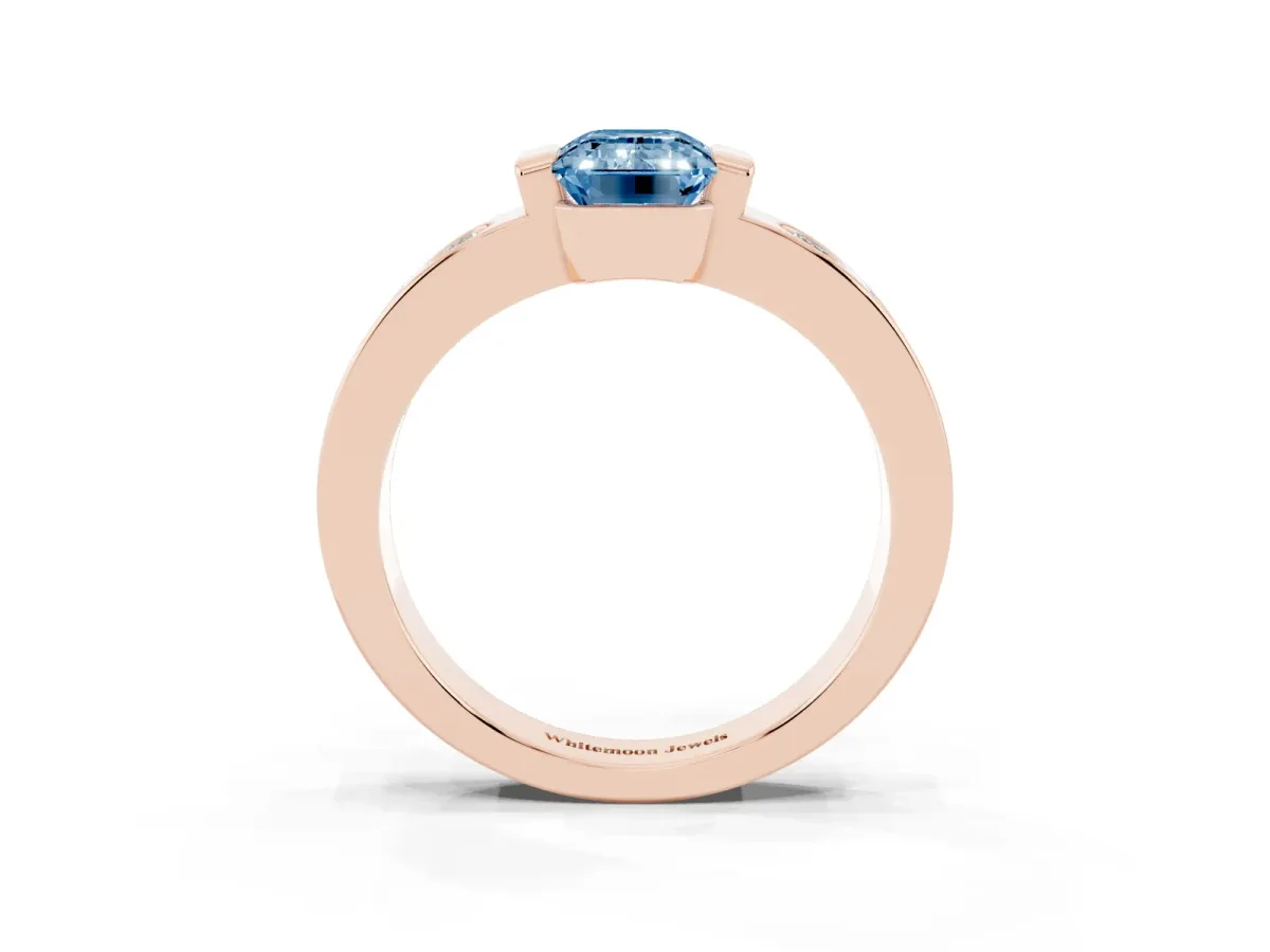 Fancy Blue Emerald Cut Brilliant Channel-Set Diamond Ring with Bezel Prong Setting Rose gold