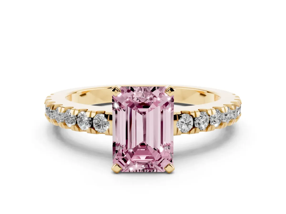 Fancy Pink Emerald Cut Solitaire Diamond with Pavé Band and Four-Prong Setting Yellow gold