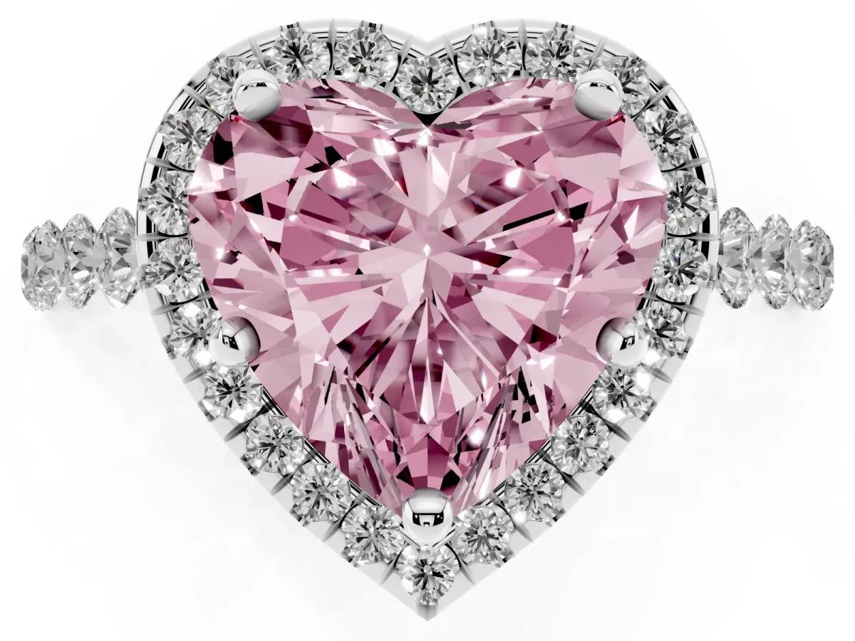 Fancy Pink Heart Cut Halo Pavé Diamond Engagement Ring with Four-Prong Setting Platinum