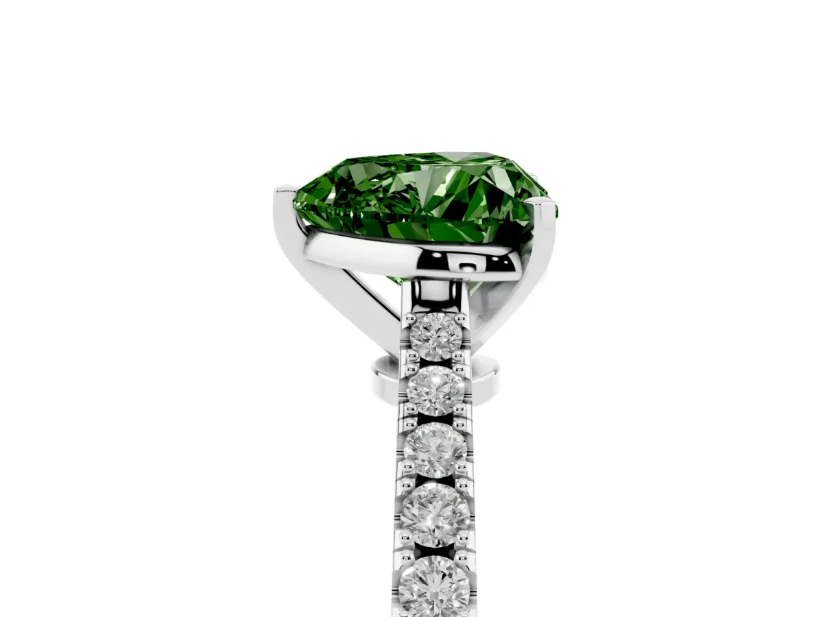 Fancy Green Heart Cut Cut Solitaire Diamond Engagement Ring with Pave Band and Four-Prong Setting Platinum