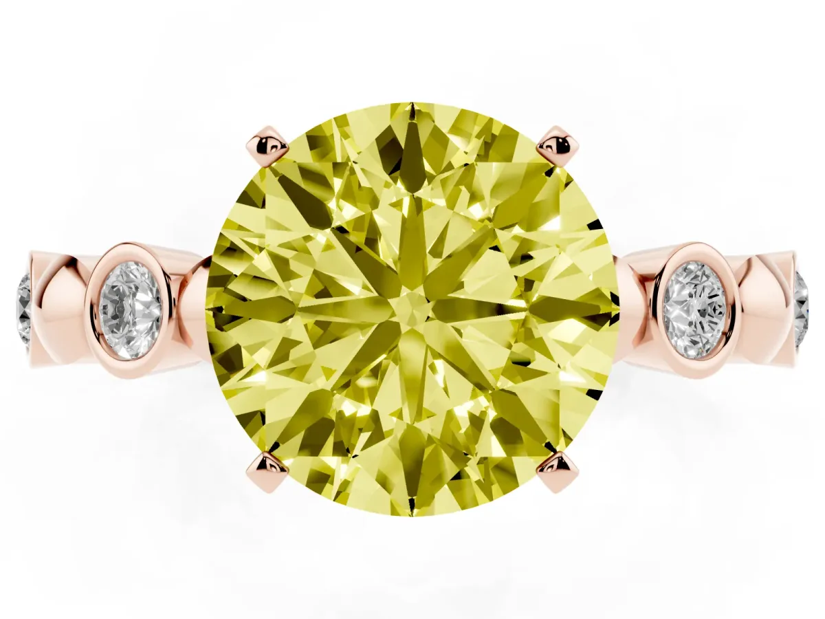 Fancy Yellow Round Cut Solitaire Bezel-Set Diamond Ring with Beaded Band and Four-Prong Setting Rose gold