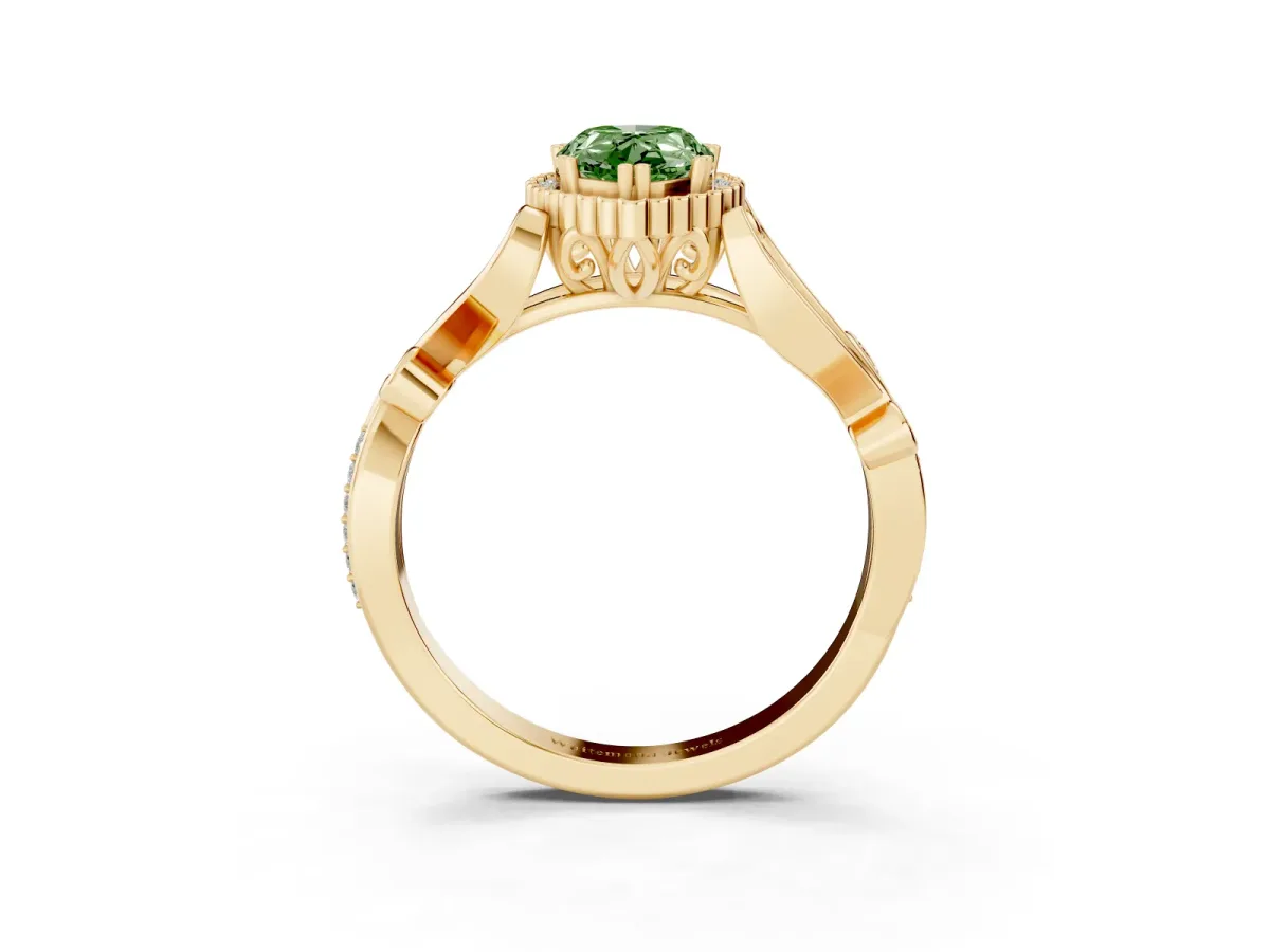 Fancy Green Pear Cut Diamond Halo Ring with Vintage Split Shank and Four-Prong Setting Yellow gold