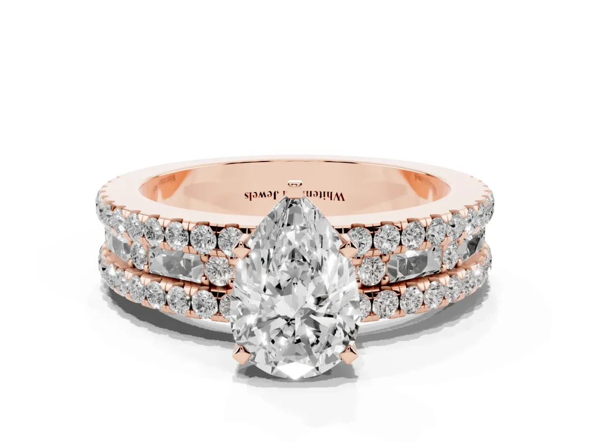 Pear Cut Diamond Solitaire Ring with Pavé and Channel Set Band Rose gold