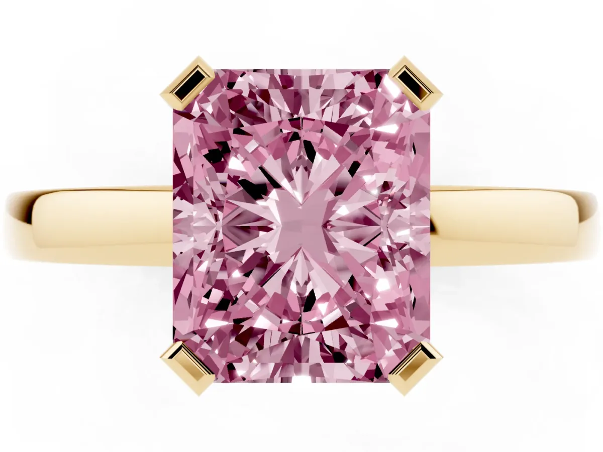Fancy Pink Radiant Cut Cut Solitaire Ring with Four-Prong Setting and Classic Band Yellow gold