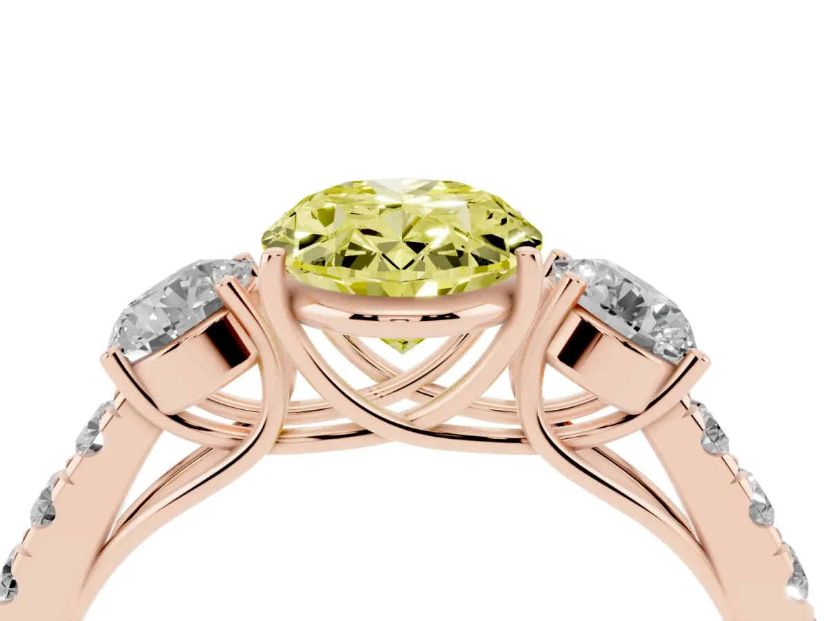 Fancy Yellow Oval Cut Cut Diamond Three-Stone Ring with Round Side Stones and Pavé Band Rose gold