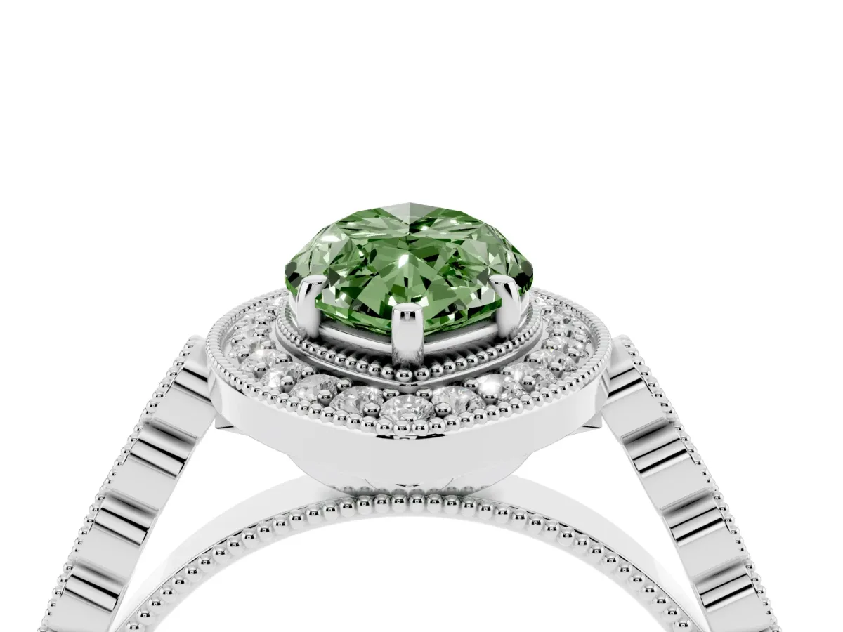 Fancy Green Marquise Cut Halo Milgrain Solitaire with Bezel Set Side Stones and Pave Band Platinum