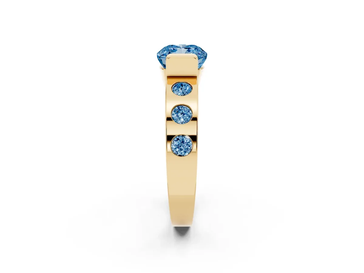 Fancy Blue Cushion Cut Brilliant Channel-Set Diamond Ring with Bezel Prong Setting Yellow gold