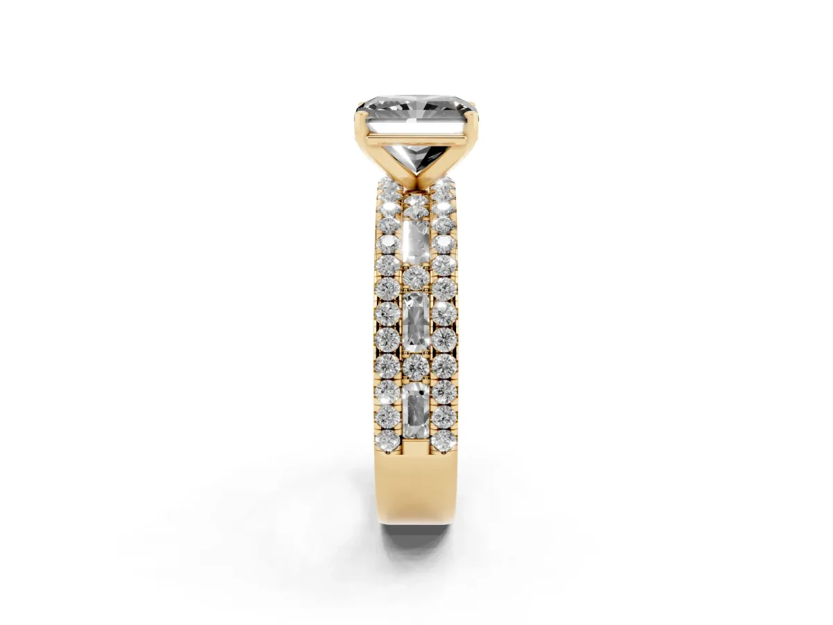 Fancy Black Radiant Cut Diamond Solitaire Ring with Pavé and Channel Set Band Yellow gold