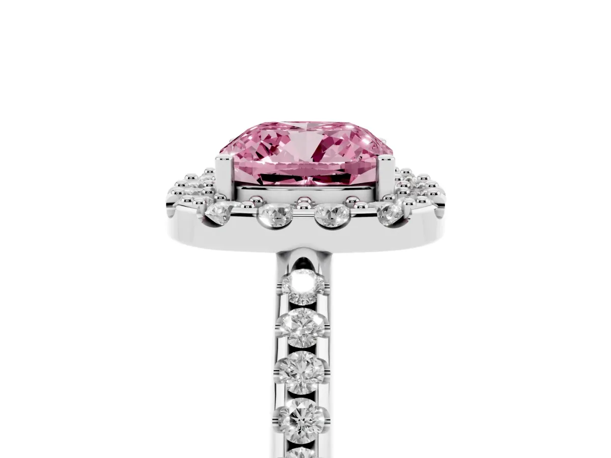 Fancy Pink Cushion Cut Diamond Pavé Halo Ring with Four-Prong Setting Silver