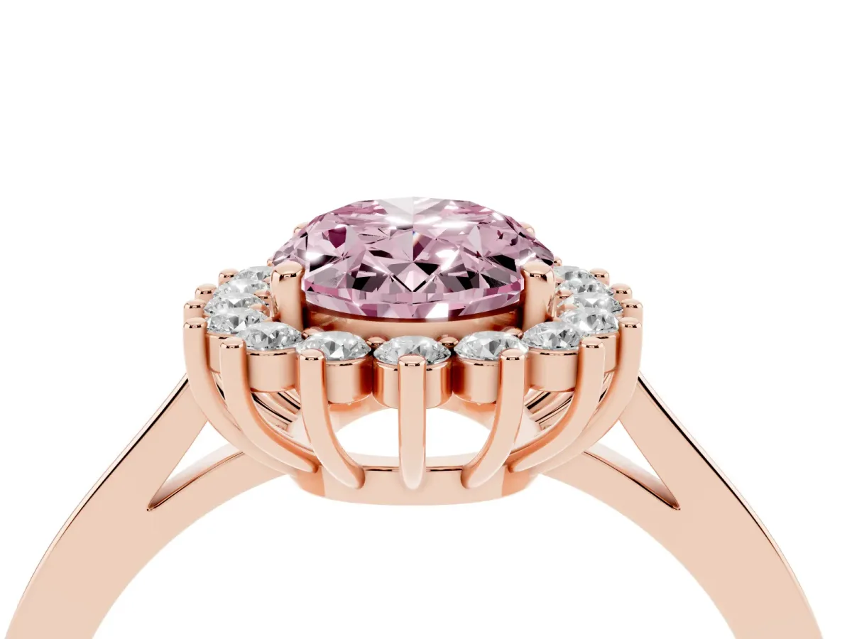 Fancy Pink Oval Cut Cut Diamond Halo Ring with Round Brilliant Halo and Solitaire Band Rose gold