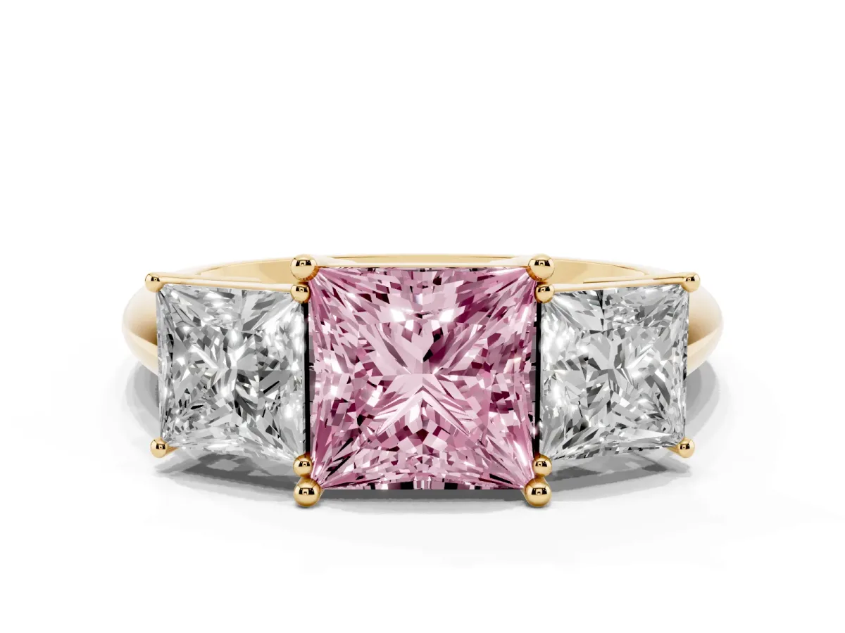 Fancy Pink Three-Stone Princess Cut Cut Diamond Engagement Ring with Prong Setting on a White Gold Band Yellow gold