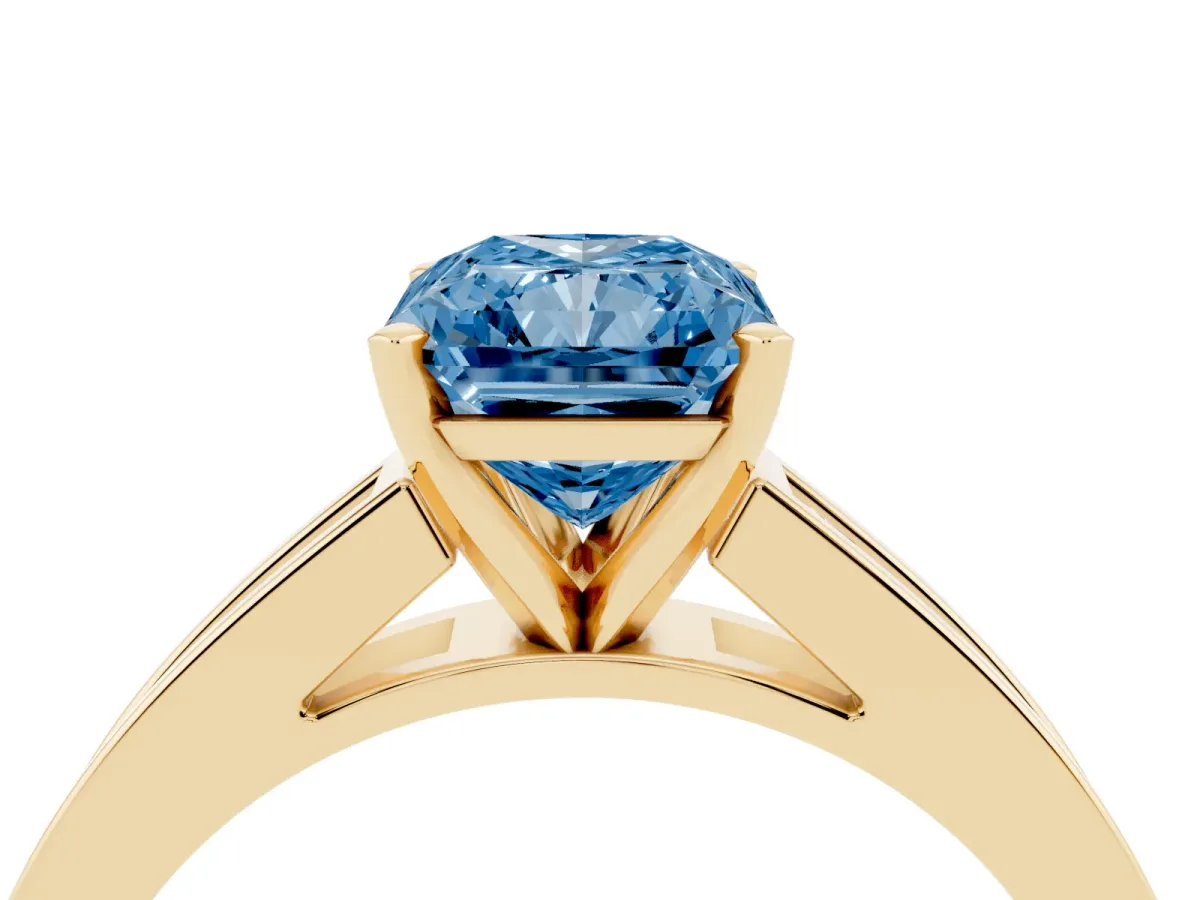 Fancy Blue Radiant Cut Solitaire Diamond Ring with Channel-Set Band and Four-Prong Setting Yellow gold