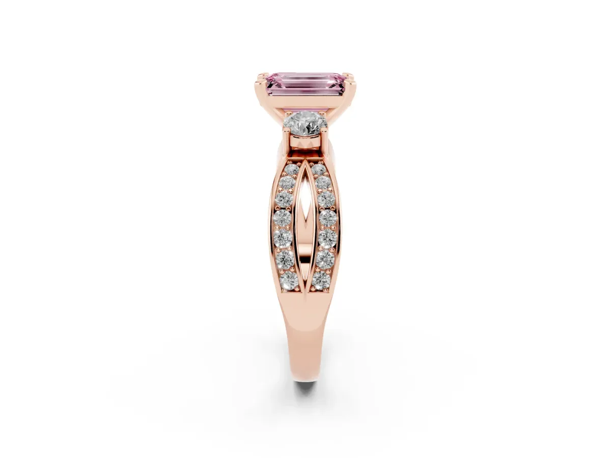 Fancy Pink Three-Stone Emerald Cut Cut Diamond Twist Band with Prong Setting Rose gold